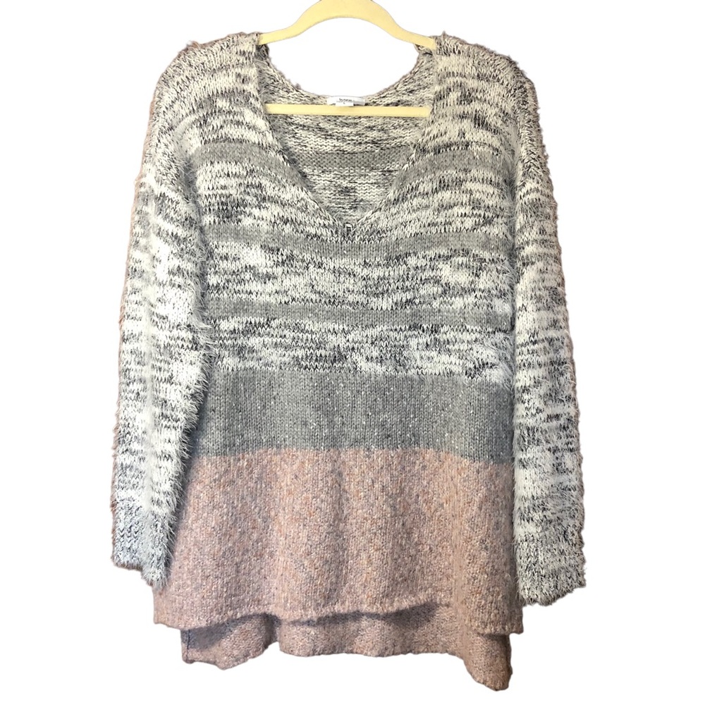 BAR III Wool Blend Hi Lo Eyelash Yarn Pullover Sweater Color Block  Sz Large